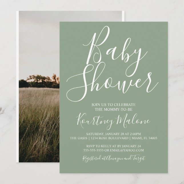 Olive Green Baby Shower Photo Invitation (Front/Back)