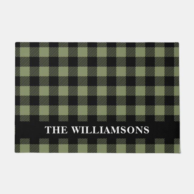 Olive Green Black Buffalo Check Plaid Personalised Doormat (Front)