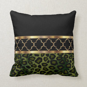 Olive Green, Black & Gold Quatrefoil and Leopard Cushion