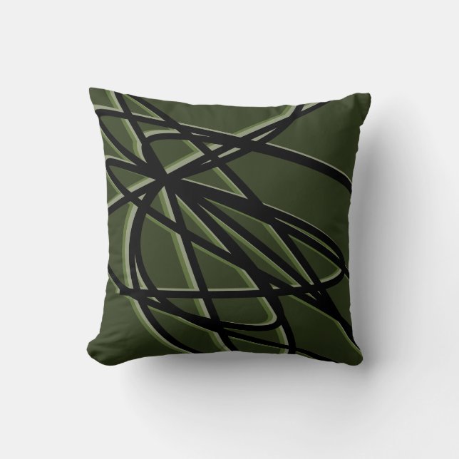 Olive Green & Black Modern Abstract Linear Design Cushion (Front)