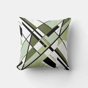 Olive Green Black White Diagonal Angular Design Cushion