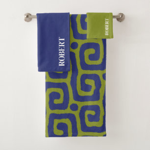  Olive Green &blue Abstract Custom Name Bath Towel Set
