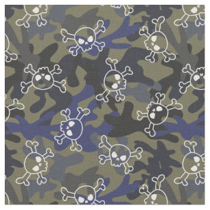 Olive Green Blue Camo Pattern Skulls Fabric