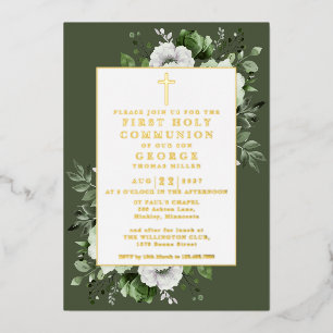 Olive Green Boho Floral First Holy Communion Gold