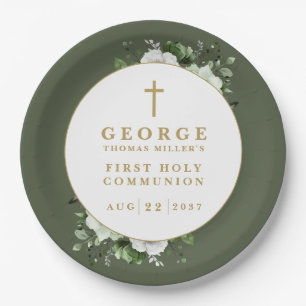 Olive Green Boho Floral First Holy Communion Paper Plate