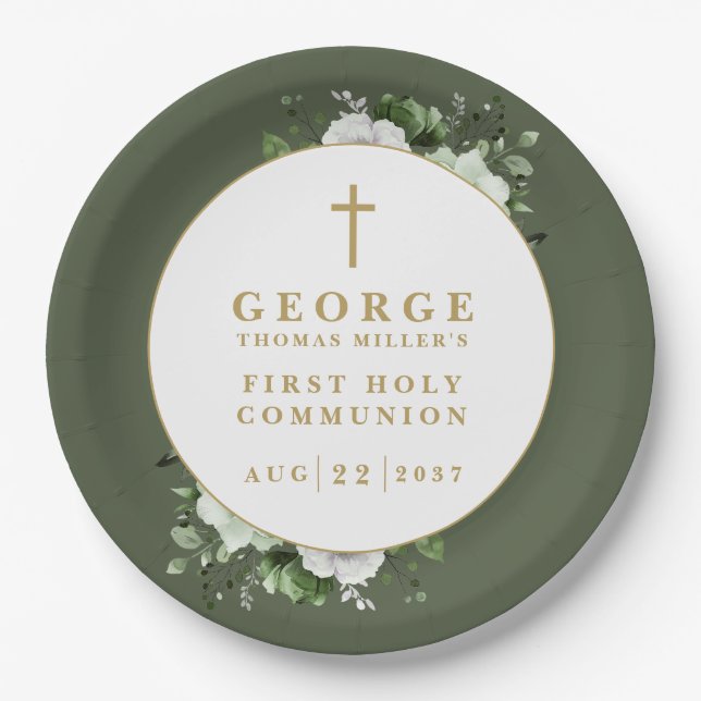Olive Green Boho Floral First Holy Communion Paper Plate (Front)