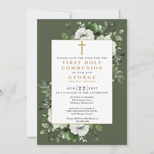 Olive Green Boho Floral First Holy Communion Save The Date (Front)