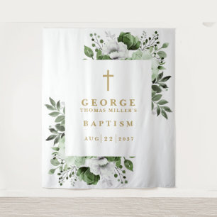 Olive Green Botanical Baptism Photo Backdrop Tapestry