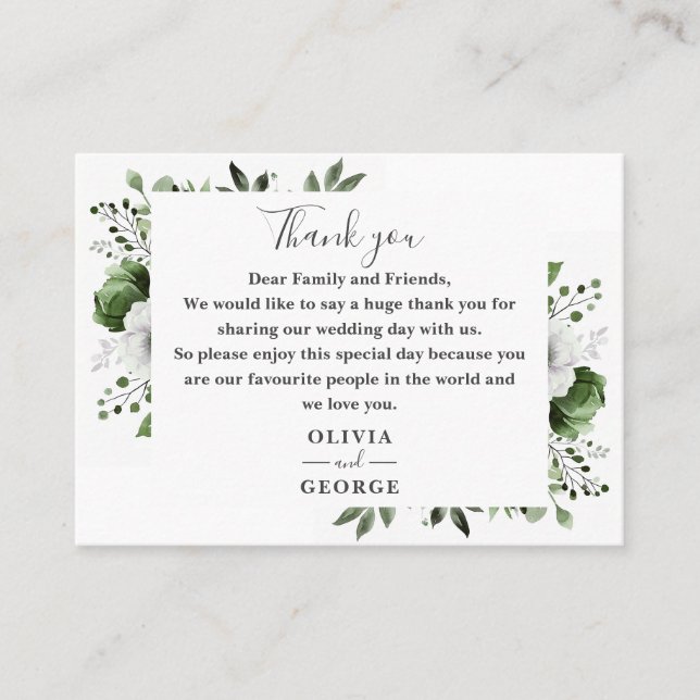 Olive Green Botanical Floral Wedding Thank You Place Card (Front)