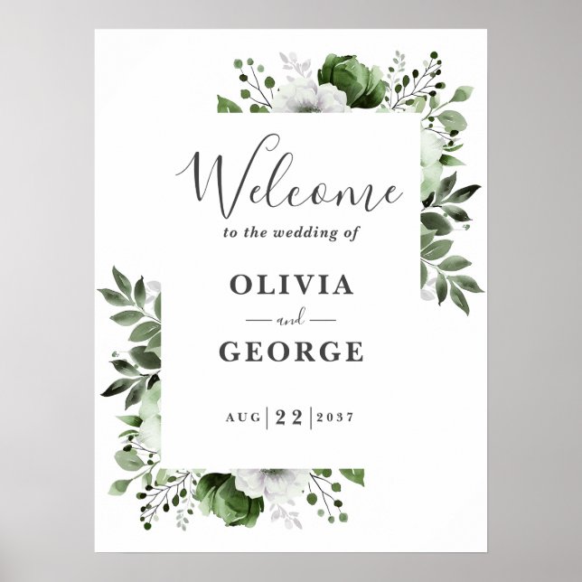 Olive Green Botanical Floral Wedding Welcome Sign (Front)