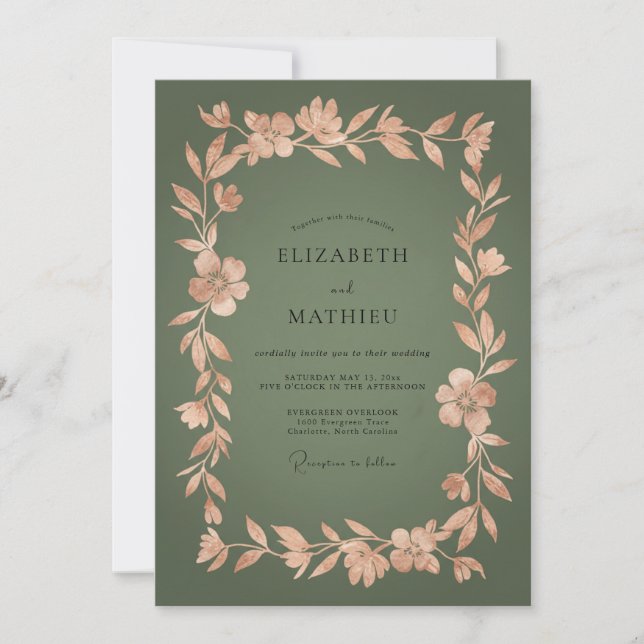 Olive Green Botanical Flourish Wedding Invitation (Front)