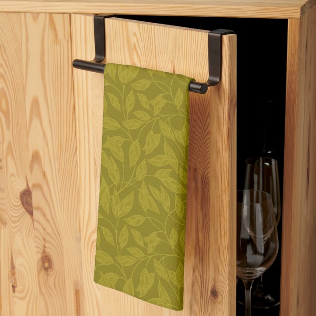 Olive Green Botanical Leaf Vine Pattern Tea Towel (Thirds Fold)
