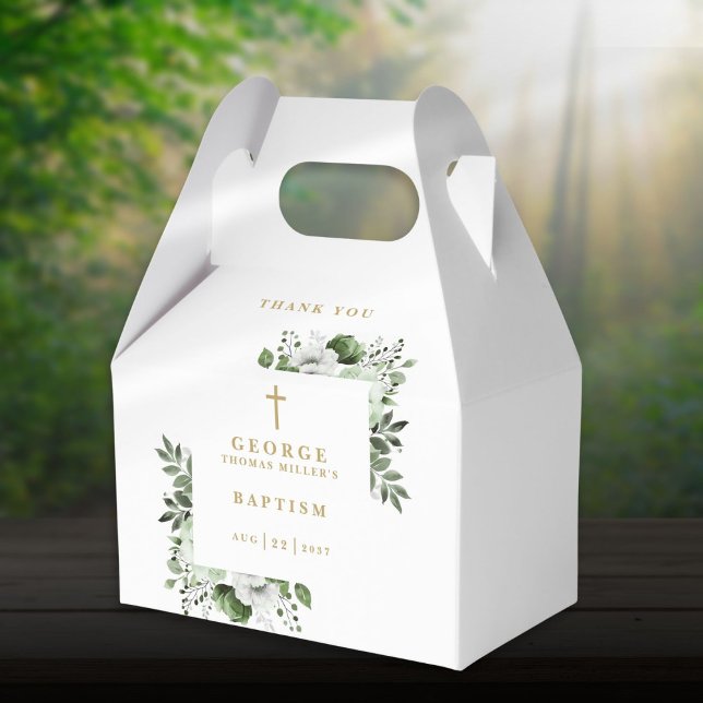 Olive Green Botanical Modern Baptism Favour Box (Olive Green Botanical Modern Baptism Favor Boxes)