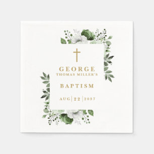Olive Green Botanical Modern Baptism Napkin