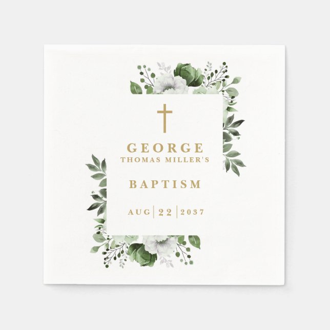 Olive Green Botanical Modern Baptism Napkin (Front)