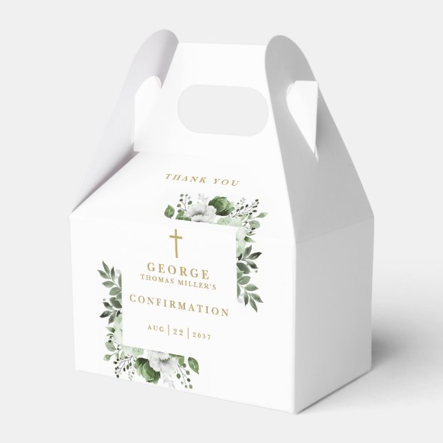 Olive Green Botanical Modern Confirmation Favour Box (Front Side)