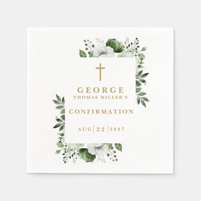Olive Green Botanical Modern Confirmation Napkin (Front)