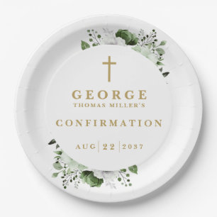 Olive Green Botanical Modern Confirmation Paper Plate