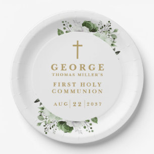 Olive Green Botanical Modern First Holy Communion Paper Plate