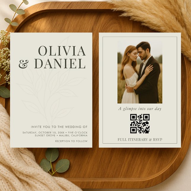 Olive Green Botanical Photo QR Code Wedding Invitation (Creator Uploaded)