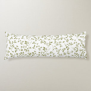 Olive Green Botanical Vine Leaf Pattern on White Body Cushion
