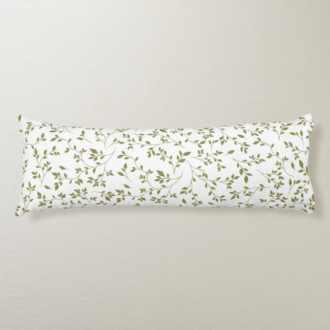 Olive Green Botanical Vine Leaf Pattern on White Body Cushion (Front)