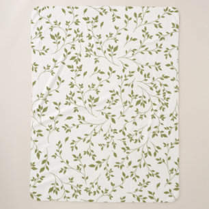 Olive Green Botanical Vine Leaf Pattern on White Sherpa Blanket