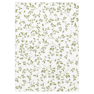 Olive Green Botanical Vine Leaf Pattern on White Tablecloth