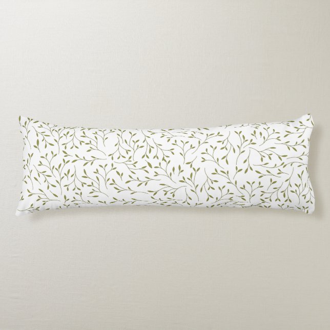 Olive Green Botanical Vine Pattern on White Body Cushion (Front)