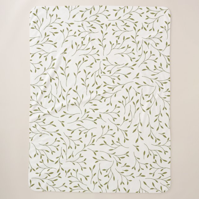 Olive Green Botanical Vine Pattern on White Sherpa Blanket (Front)
