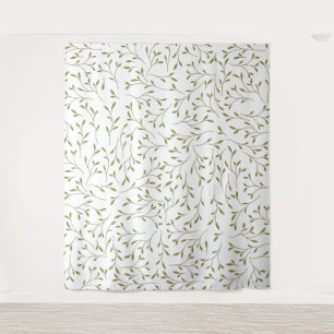 Olive Green Botanical Vine Pattern on White Tapestry