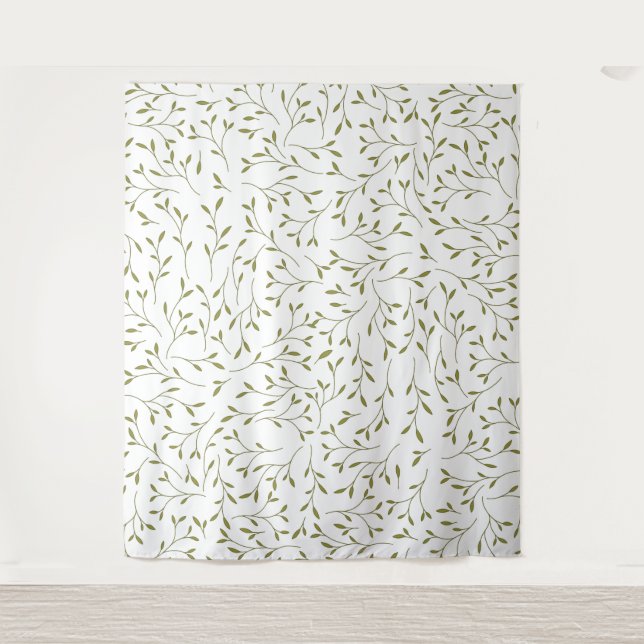Olive Green Botanical Vine Pattern on White Tapestry (Front)