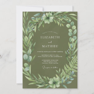 Olive Green Botanical Wreath Wedding Invitation