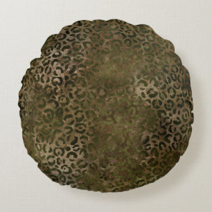 Olive Green Brown Leopard Print Round Cushion