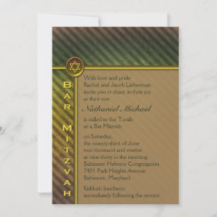 Olive Green, Brown Striped Bar Mitzvah Invitation