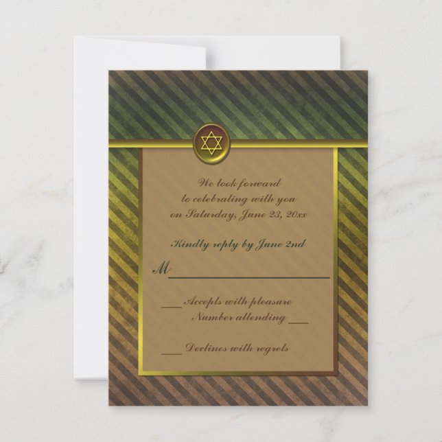 Olive Green, Brown Striped Bar Mitzvah RSVP Card (Front)