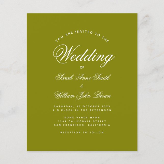 Olive Green Calligraphy Budget Wedding Invitation (Front)