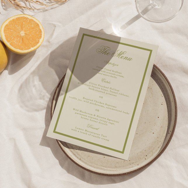 Olive Green Calligraphy Wedding Menu Card (Creator Uploaded)