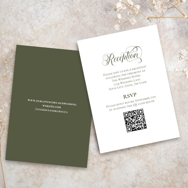 Olive Green Calligraphy Wedding QR Code RSVP Enclosure Card (Olive green wedding RSVP card with elegant calligraphy and QR code)