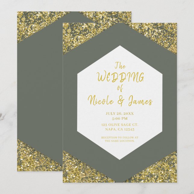 Olive Green Chic Gold Glitter Flakes Glam Wedding Invitation (Front/Back)