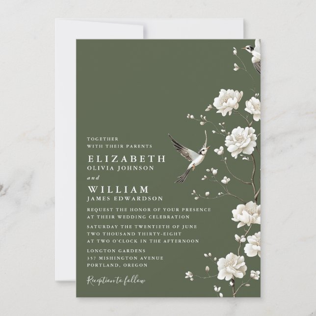 Olive Green Chinoiserie Floral All In One Wedding Invitation (Front)