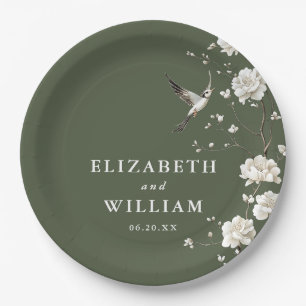Olive Green Chinoiserie Floral Garden Wedding Paper Plate