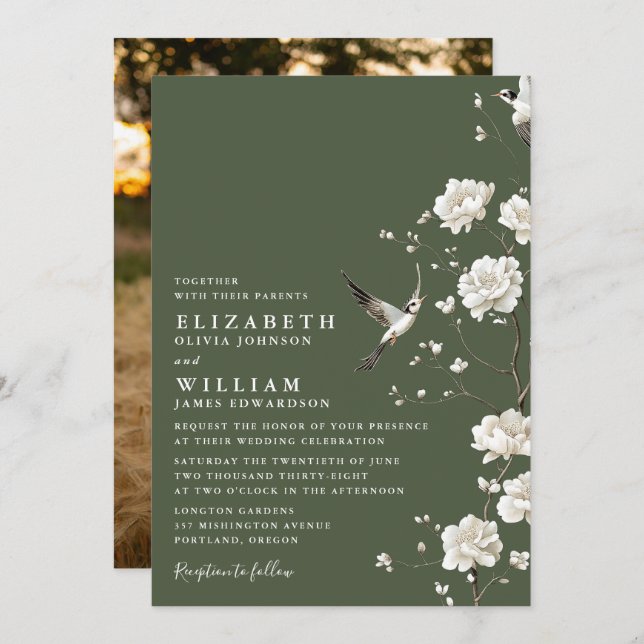 Olive Green Chinoiserie Floral Wedding Photo Invitation (Front/Back)
