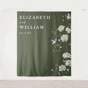 Olive Green Chinoiserie Wedding Photo Backdrop Tapestry