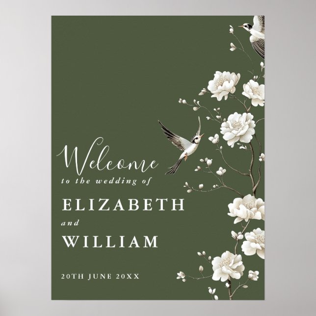 Olive Green Chinoiserie Wedding Welcome Sign (Front)
