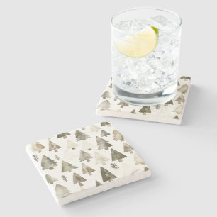 Olive Green Christmas Trees Stone Coaster