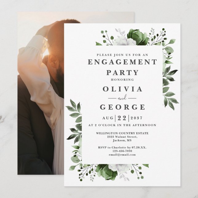 Olive Green Country Floral Engagement Party Photo Invitation (Front/Back)