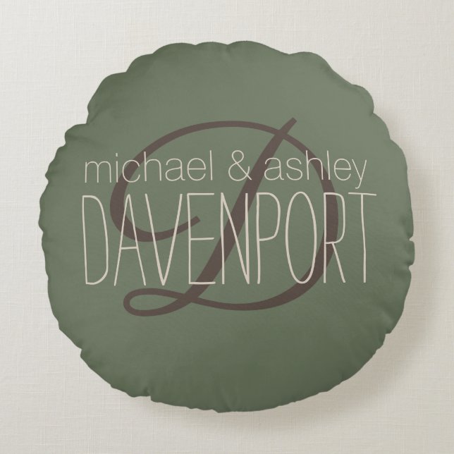 Olive Green Couple's Names Monogram Round Cushion (Front)