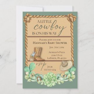 Olive Green Cowboy Western Baby Shower Invitation