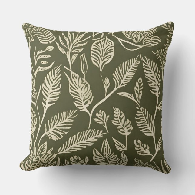 Olive Green Cream Botanical Textile Stamp Cushion (Front)